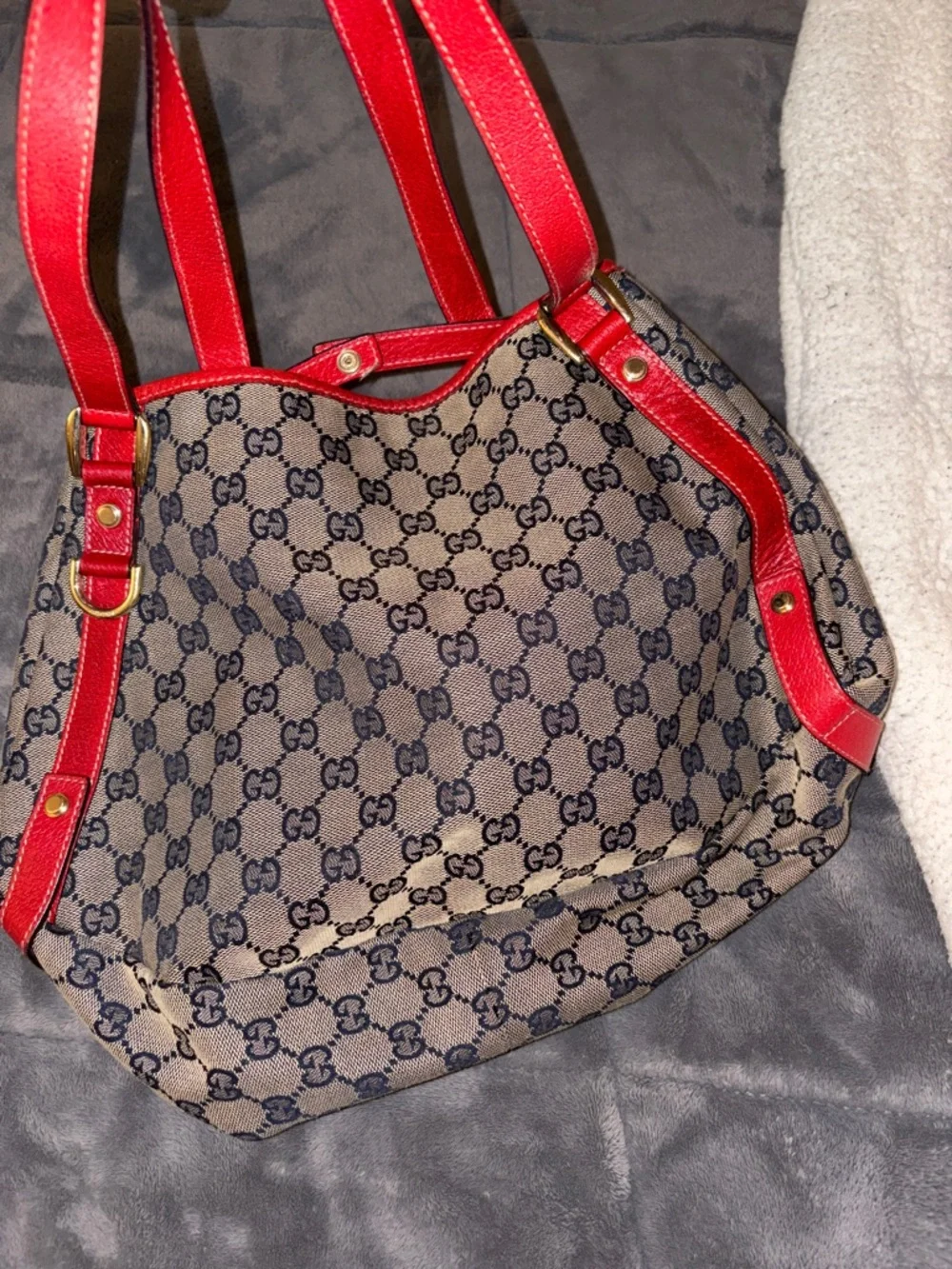 Gucci Beige Monogram Canvas Tote with Red Leather Trim